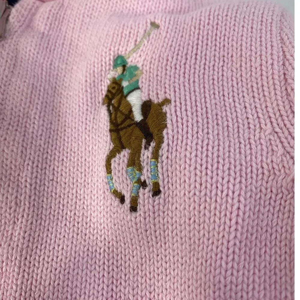 Ralph Lauren Girls 2T Pink Cotton Knit Zip Up Big Pony Hoodie Sweater Cardigan
